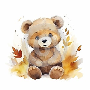 AI generated, cute teddybear in watercolor style illustration on white background.