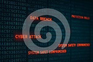 AI generated cybersecurity concept with glowing red text showing data breach cyber attack and system compromised warning