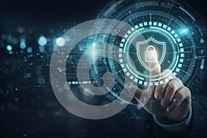 AI generated cybersecurity and data protection visual with secure digital shield encryption network defense privacy control and