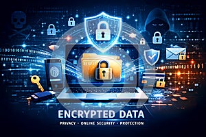 Encrypted Data Concept With Laptop And Digital Security Icons Representing Online Privacy