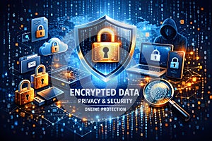 Encrypted Data Privacy And Online Security Concept With Digital Shield And Devices