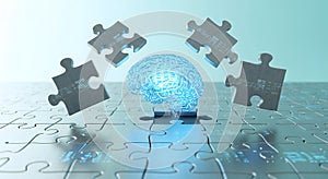 Conceptual Digital Brain and Floating Puzzle Pieces Representing Problem Solving and Knowledge