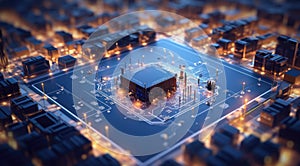 3d rendering of cpu in circuit board. Computer technology concept.