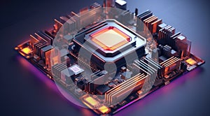 3d rendering of cpu in circuit board. Computer technology concept.