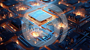 3d rendering of cpu in circuit board. Computer technology concept.
