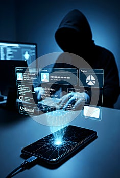 Cyber Attack Concept With Hacker Projecting Digital Interface From Smartphone