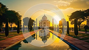 AI Generated Dawn Serenity Taj Mahal and Lush Mughal Gardens