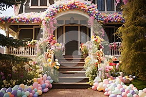 ai generated decorated house featuring Easter painted eggs, vibrant flowers, and holiday decor