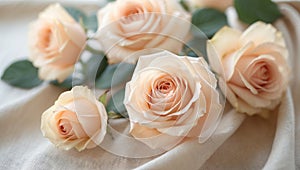 Delicate roses in soft peach hues arranged on beige linen tablecloth evoke elegance and tranquility photo