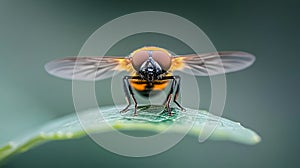 AI-generated Close-Up Macro of Hoverfly on Green Leaf