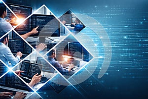 AI generated developers collaborating on coding projects with multiple screens displaying code and digital data streams