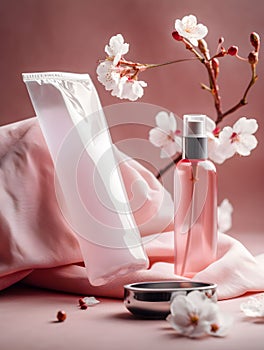 AI generated digital art of beauty products and almond blossoms