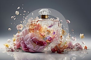 AI generated digital art of a perfume bottle surrounded by flowers