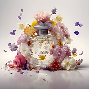 AI generated digital art of a perfume bottle surrounded by flowers