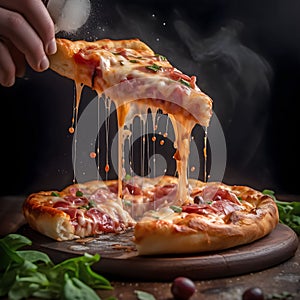 AI generated digital art of a steaming hot pizza with various topping around it
