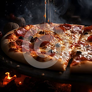 AI generated digital art of a steaming hot pizza with various topping around it