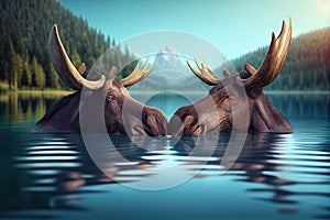 Reflection, Two Mooses at Lake, Made with Generative AI photo