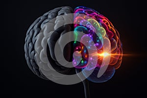 AI generated digital artwork of a human brain showing left side in gray symbolizing logic and right side in vibrant colors