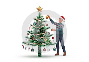 AI generated. Digital Christmas: Man Decorating Binary Code Tree