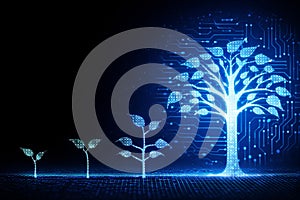 AI generated digital growth illustration showing data seedlings evolving into a large technology tree binary code circuits