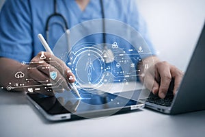 AI generated digital healthcare workspace showing medical professional using tablet and laptop with patient data interface