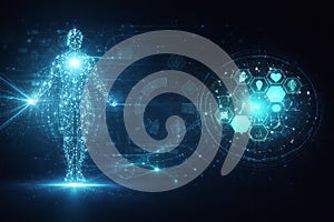 AI generated digital human figure connected to intelligent data networks showing digital twin artificial intelligence neural