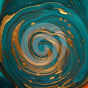 AI-Generated Digital Illustration of Teal and Orange Waves with Gold Accents photo