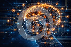 AI generated digital illustration of human brain glowing with neural connections and data nodes representing artificial