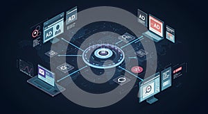 AI-generated digital illustration of a network system, featuring a central circular hub