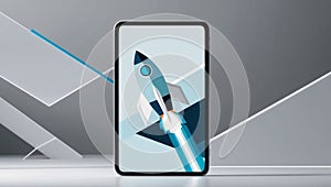 digital launch concept with stylized rocket through device screen.