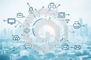 AI generated digital network ecosystem with interconnected icons representing cloud security communication data flow and smart