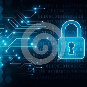 AI generated digital padlock with binary code and circuit lines symbolizing global cybersecurity data encryption privacy and