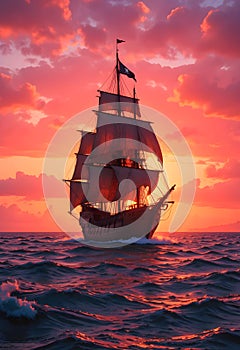 Dark Pirate Ship Sailing Through Red Sunset With Powerful Ocean Waves