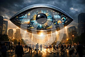Dramatic Surveillance Eye Illuminating Urban Crowd In Data Controlled Society