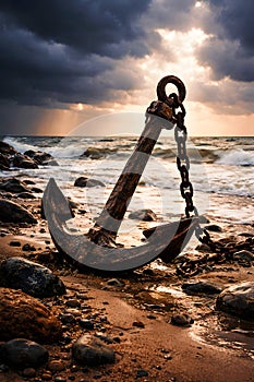 Rusty Anchor On Stormy Beach Symbolizing Strength Stability And Endurance