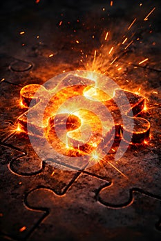 Burning Puzzle Piece Representing Missing Solution Challenge And Intense Problem Solving