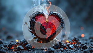 Burning Heart Rising From Ashes With Glowing Embers In Dramatic Cinematic Atmosphere