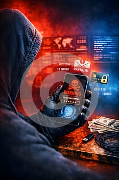 Hacker Holding Smartphone With Cyber Attack Warning Screen And Digital Threat Atmosphere