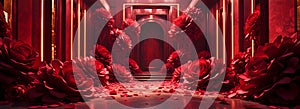 Dramatic Red Rose Hallway Filled With Oversized Blossoms And Warm Cinematic Lighting