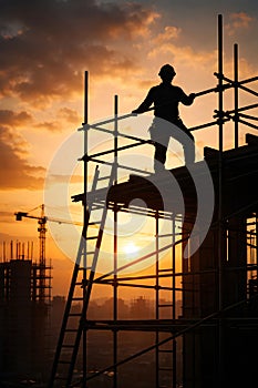 Construction Worker Silhouette Standing On Scaffolding Against Sunset Sky