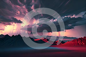 AI generated Dramatic Stormy Sky During Sunset with Mountains