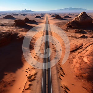 ai generated a drone view of a long road crossing a desert area and disappearing into the horizon