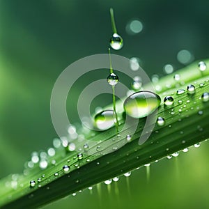 AI generated drops of dew on a green blade of grass