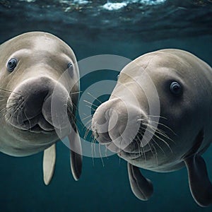 AI generated Dugongs posing for a portrait shot in the depths of the sea