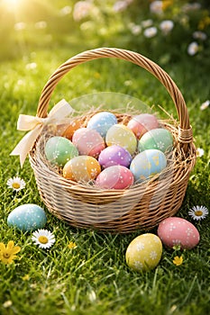 Soft Spring Easter Basket With Pastel Painted Eggs In Sunlit Garden