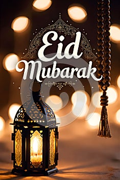 Eid Mubarak Greeting With Glowing Lantern Prayer Beads And Warm Bokeh Lights