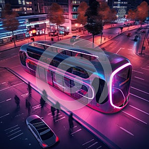 AI generated electric futuristic city bus on a street at night