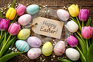 Elegant Easter Wreath Composition With Pastel Eggs Tulips And Natural Textures