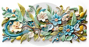 Painted wood carving effect blue and white floral design on white. Generative AI.