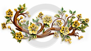 Painted wood carving effect yellow floral design on white. Generative AI.